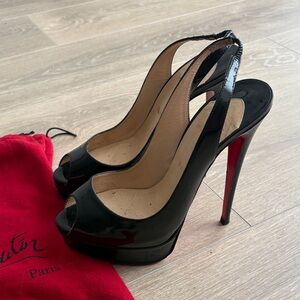 Christian Louboutin size 40 Black Patent Peep-Toe Slingback Pumps with Red Sole
